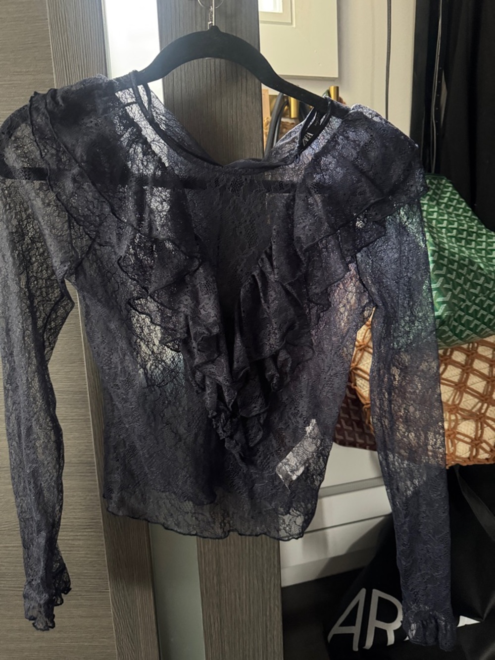ZARA Lace Ruffle Long-Sleeve Top - Navy
